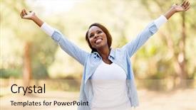  Presentation with african woman - Presentation theme featuring happy african woman with arms background and a lemonade colored foreground