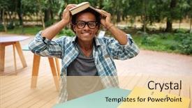  Presentation with cafe - Cool new presentation theme with happy african young man in glasses studying and having fun in outdoor cafe backdrop and a lemonade colored foreground