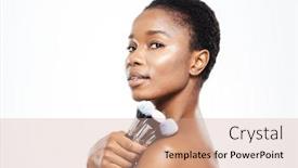  Presentation with brushes makeup - Presentation featuring happy afro american woman holding makeup brushes isolated on a white background background and a coral colored foreground