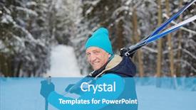  Presentation with winter forest - Cool new slide deck with happy aged sportsman carrying skiing backdrop and a teal colored foreground