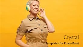  Presentation with yellow music - Slides enhanced with happy-aged-woman-in-stylish background and a gold colored foreground