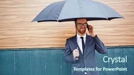  Presentation with under umbrella - Presentation theme consisting of happy agent talking on the phone under umbrella background and a ocean colored foreground
