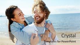  Presentation with young happy couple - PPT theme having happy and amorous couple laughing background and a mint green colored foreground