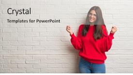  Presentation with white brick wall - PPT theme consisting of happy and excited doing winner background and a light gray colored foreground