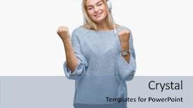  Presentation with listening woman - Amazing PPT theme having happy and excited doing winner backdrop and a  colored foreground