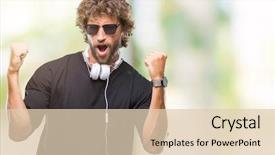  Presentation with old man and music - Slide set with happy and excited doing winner background and a  colored foreground