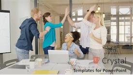  Presentation with coworkers - Presentation having happy and laughing coworkers giving high five while celebrating new victory and standing in modern office with table and laptop background and a light gray colored foreground