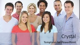  Presentation with business casual - Slide deck with happy and positive business people background and a  colored foreground