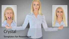  Presentation with woman sad - Colorful presentation design enhanced with happy and sad woman face backdrop and a light gray colored foreground