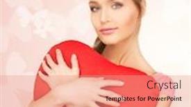  Presentation with heart - Audience pleasing PPT theme consisting of happy-and-smiling-woman backdrop and a coral colored foreground