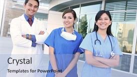  Presentation with building team - Colorful slides enhanced with medical team outside hospital building backdrop and a light blue colored foreground