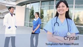  Presentation with team building - Presentation theme consisting of medical team outside hospital building background and a light blue colored foreground