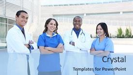  Presentation with team building - Slides having medical team outside hospital building background and a light blue colored foreground