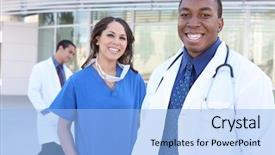  Presentation with building team - Audience pleasing theme consisting of medical team outside hospital building backdrop and a light blue colored foreground
