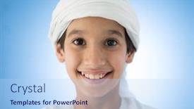  Presentation with arabic - Presentation design consisting of happy-arabic-kid-posing background and a light blue colored foreground