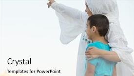  Presentation with muslim family - Colorful presentation design enhanced with happy arabic muslim middle eastern backdrop and a sky blue colored foreground