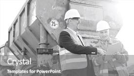  Presentation with architects - Cool new presentation design with happy architects discussing over clipboard by construction truck backdrop and a gray colored foreground