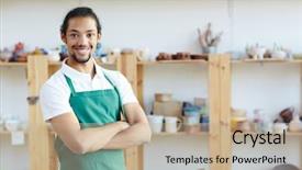  Presentation with apron - PPT theme featuring happy artisan in apron crossing background and a mint green colored foreground