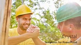  Presentation with house building - Audience pleasing slides consisting of happy-artisans-do-teamwork backdrop and a yellow colored foreground