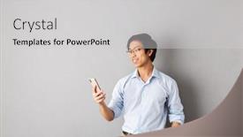  Presentation with man holding phone - Theme consisting of happy asian business man standing isolated over gray background holding mobile phone waving background and a light gray colored foreground