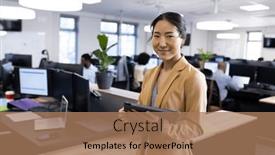  Presentation with corporation - PPT theme having happy-asian-businesswoman-looking background and a coral colored foreground