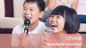  Presentation with children singing - Slide set featuring portrait of a happy asian background and a coral colored foreground