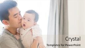  Presentation with father - PPT theme featuring happy asian family at home background and a soft green colored foreground