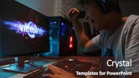  Presentation with computer room - Presentation enhanced with happy asian gamer boy winning background and a tawny brown colored foreground