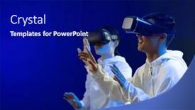  Presentation with virtual technology - Slide deck consisting of happy-asian-man-and-woman background and a  colored foreground