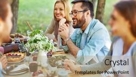  Presentation with happy thanksgiving - Presentation theme consisting of happy asian man in eyeglasses and casualwear sitting by thanksgiving table background and a coral colored foreground