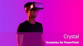  Presentation with interface - Presentation theme having happy-asian-man-using-vr background and a light gray colored foreground