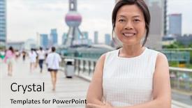  Presentation with china america asia - Beautiful presentation featuring happy asian middle-aged businesswoman backdrop and a soft green colored foreground