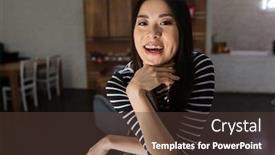  Presentation with cafeteria - PPT theme with happy asian woman in sweater which sitting on chair in cafeteria and looking at camera background and a tawny brown colored foreground