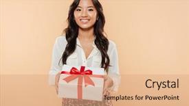  Presentation with weight loss woman showing - Cool new slide deck with happy asian woman showing gift backdrop and a coral colored foreground