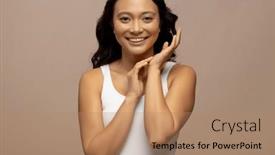  Presentation with dark skin - PPT theme having happy-asian-woman-with-dark and a coral colored foreground
