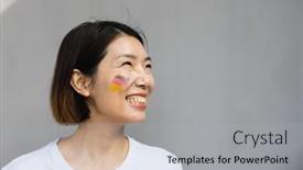  Presentation with woman sport - PPT theme featuring happy-asian-woman-with-flag background and a light gray colored foreground