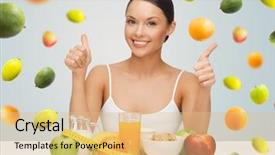  Presentation with falling person - Cool new slide deck with happy asian woman with healthy backdrop and a coral colored foreground