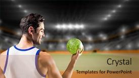  Presentation with handball handball - Theme with happy athlete male holding background and a  colored foreground