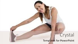  Presentation with stretching - Slides featuring happy athlete woman stretching her hamstring on white background background and a soft green colored foreground