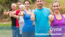  Presentation with community service happy volunteer group - Colorful slide set enhanced with class work - happy athletic group with thumbs backdrop and a teal colored foreground