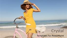  Presentation with summer sun - Presentation theme enhanced with happy-attractive-mixed-race-woman background and a soft green colored foreground