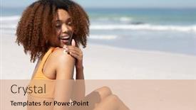  Presentation with sunscreen - Amazing PPT theme having happy-attractive-mixed-race-woman backdrop and a coral colored foreground