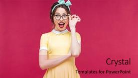  Presentation with glasses - Presentation design enhanced with happy attractive pinup girl in yellow dreass and glasses over pink background background and a red colored foreground
