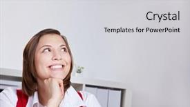 Presentation with thinking - Theme featuring happy attractive woman in office thinking and looking up background and a light gray colored foreground