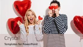  Presentation with valentines - PPT layouts having happy-attractive-young-couple-celebrating background and a coral colored foreground