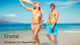  Presentation with young happy couple - Presentation theme featuring happy attractive young couple background and a coral colored foreground