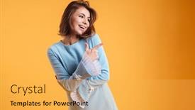  Presentation with yellow - Colorful slide deck enhanced with happy attractive young woman standing and pointing away over yellow background backdrop and a yellow colored foreground