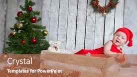  Presentation with new baby - Colorful theme enhanced with happy baby dressed in santa claus costume on christmas and new year decoration background studio shot backdrop and a coral colored foreground