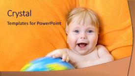  Presentation with happy baby - Audience pleasing PPT theme consisting of happy baby playing with terrestrial backdrop and a gold colored foreground