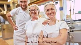  Presentation with team training - Presentation design featuring happy-bakery-team-with-apprentices background and a coral colored foreground